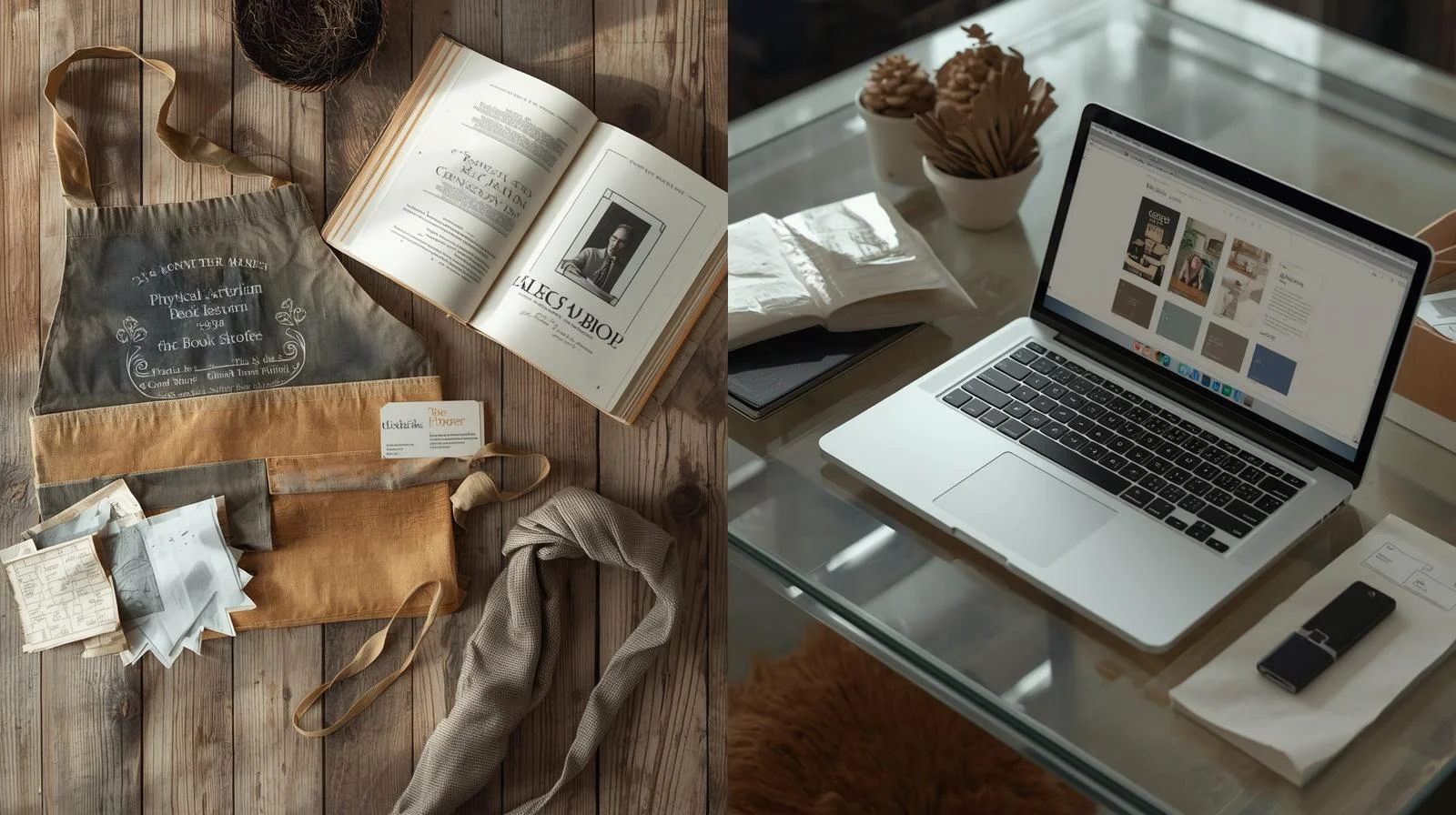 A split-image comparing a local book printing service to an online book printing service.