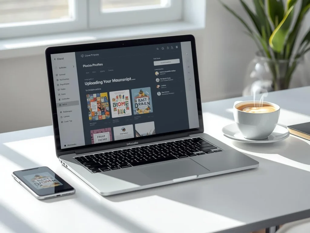 A user uploading a book file to a modern online book printing service website.