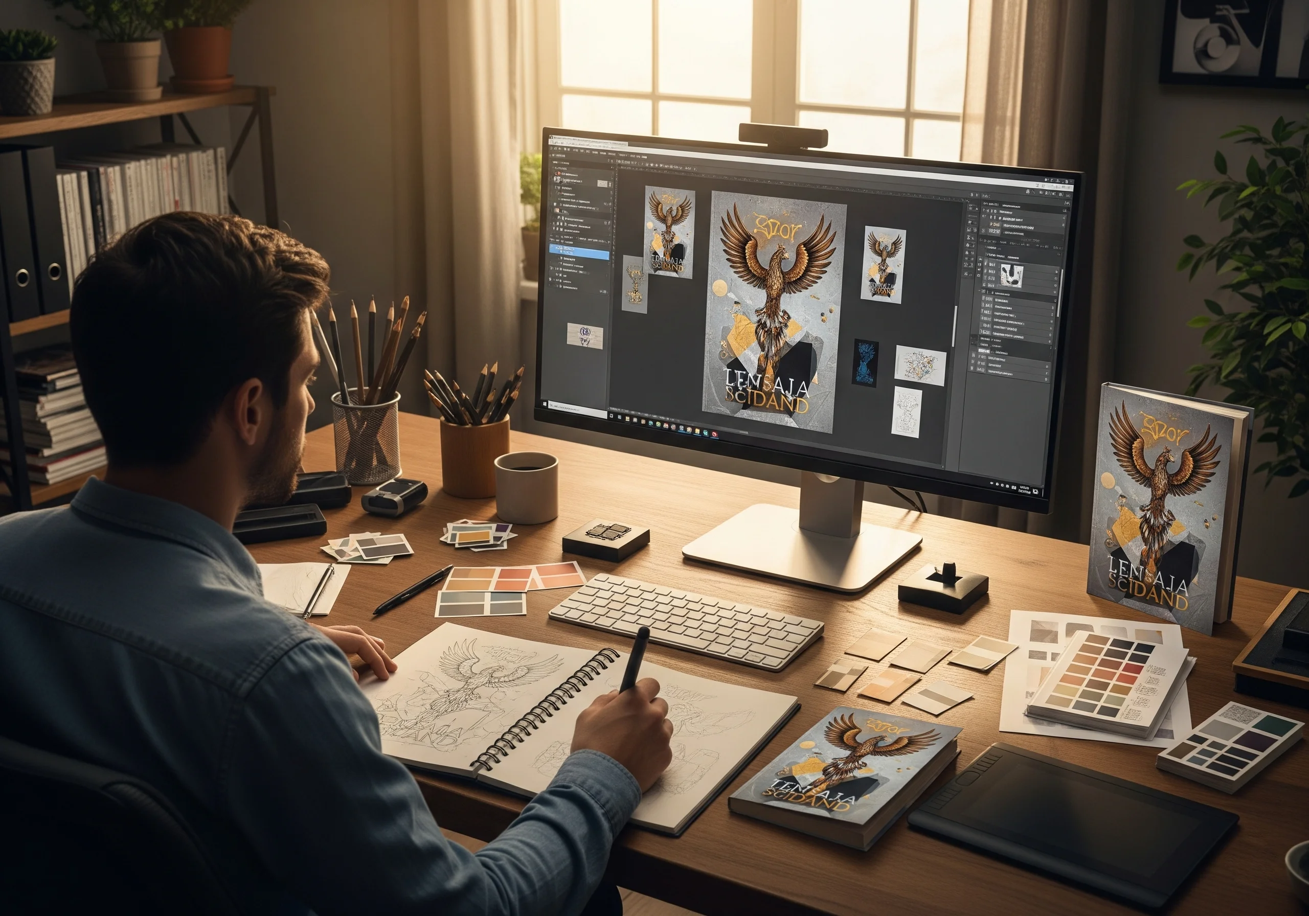 A professional designer creating a book cover on a computer, showcasing a key step before using a book printing service