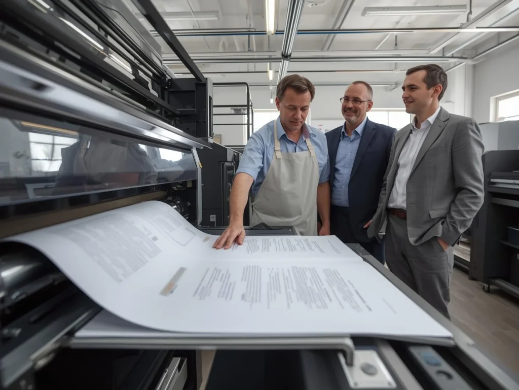 A project manager at a local book printing service reviewing a hardcover proof with a client.