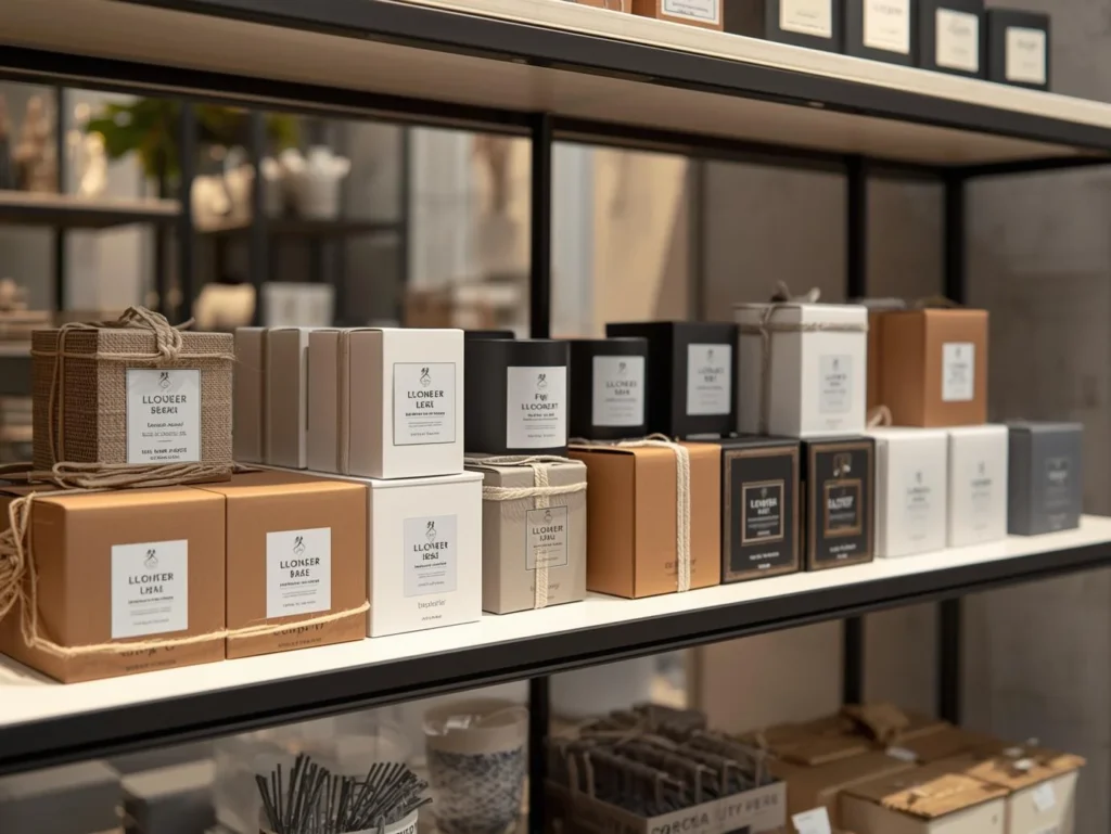 Modern and rustic branded candle boxes on a retail store shelf, demonstrating effective product presentation and visual appeal for candle makers.