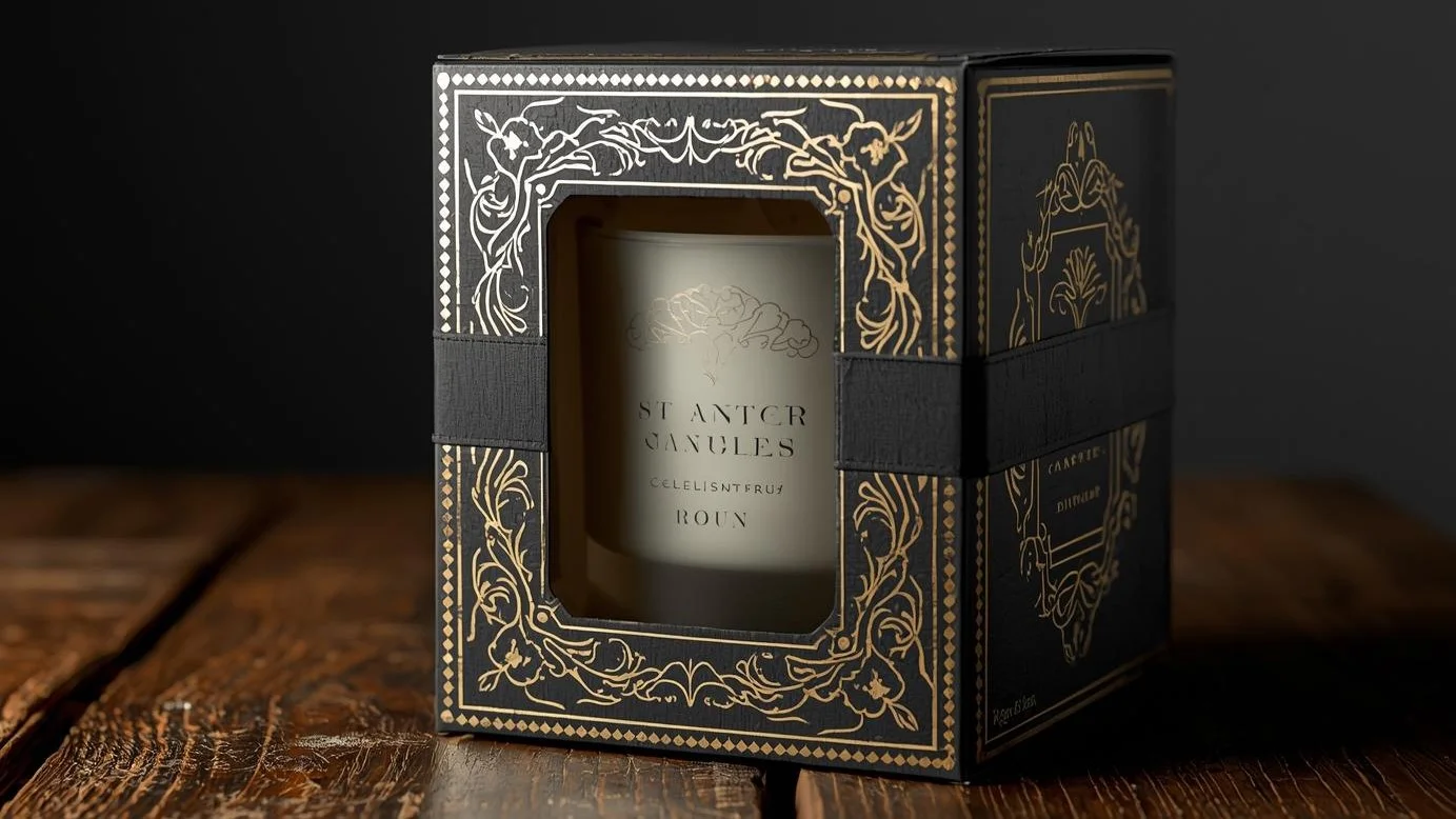 Custom candle box with a large window showcasing a vanilla scented candle inside, featuring gold foil stamping on a matte black finish.