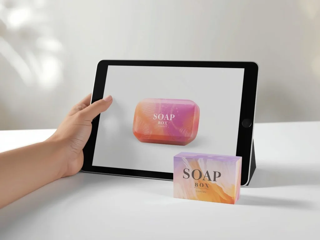Comparing a digital 3D mockup on a tablet to a physical sample of the same custom soap packaging.