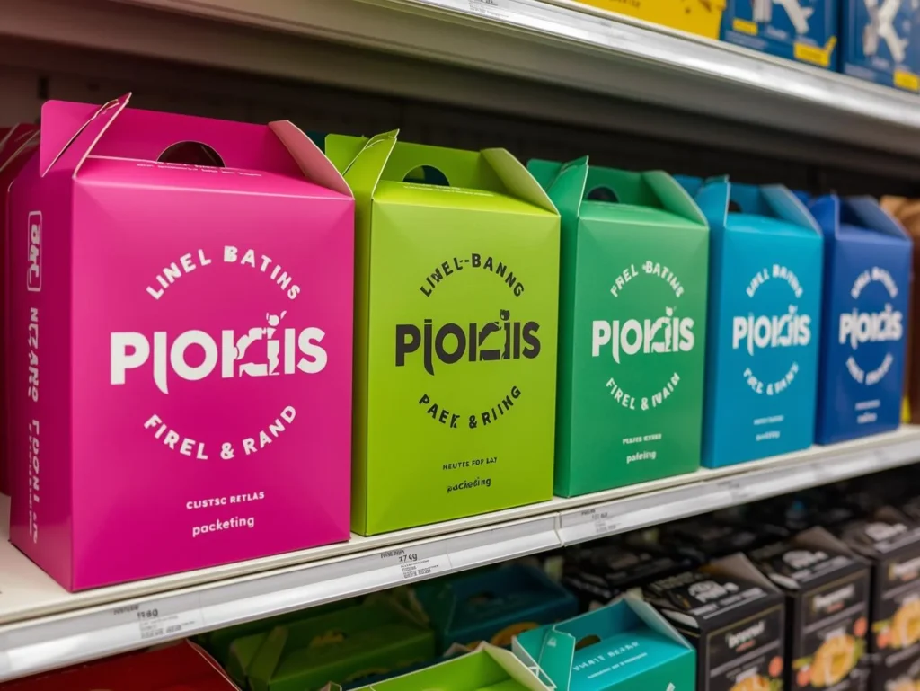 Retail shelf display showing a row of custom tuck-end boxes in a gradient of bright colors (fuchsia, lime green, electric blue) with bold logos, designed to stand out against generic packaging.