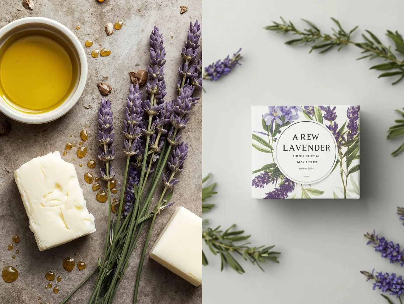 Concept image showing natural soap ingredients transforming into a finished custom soap box design.