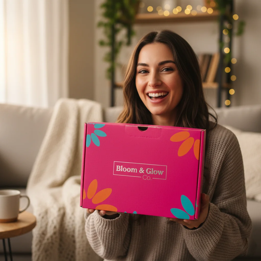 Hands gently pulling back branded tissue paper to reveal a premium product inside a custom mailer box, showcasing cohesive interior packaging and brand colors.