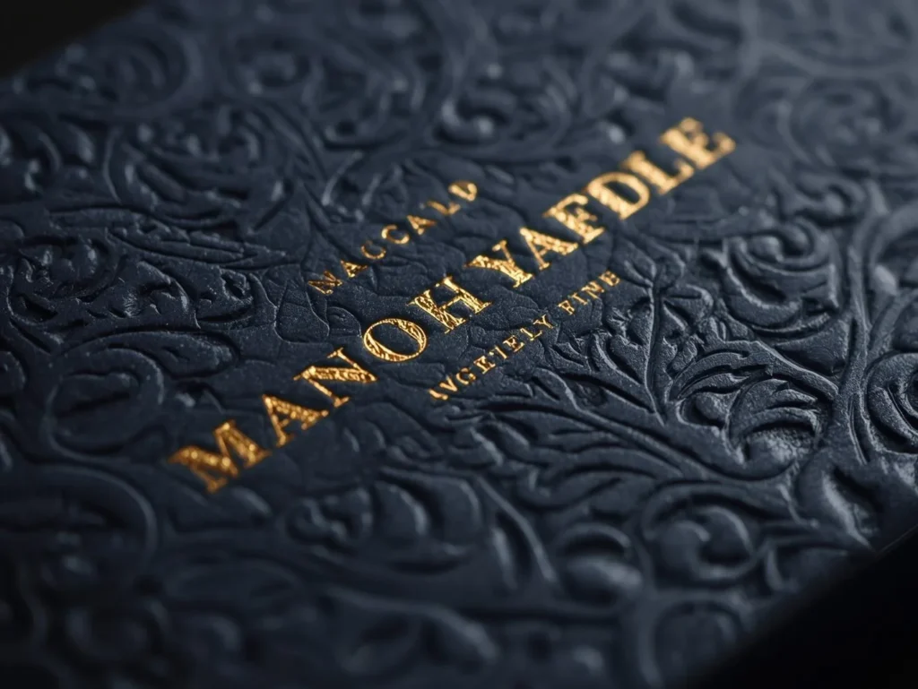 Close-up detail of luxury candle packaging with gold foil stamping and deep embossing on a textured paper surface, showcasing premium design.