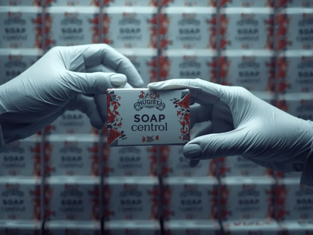 White-gloved hands performing a final quality control check on a finished printed soap box before shipping.
