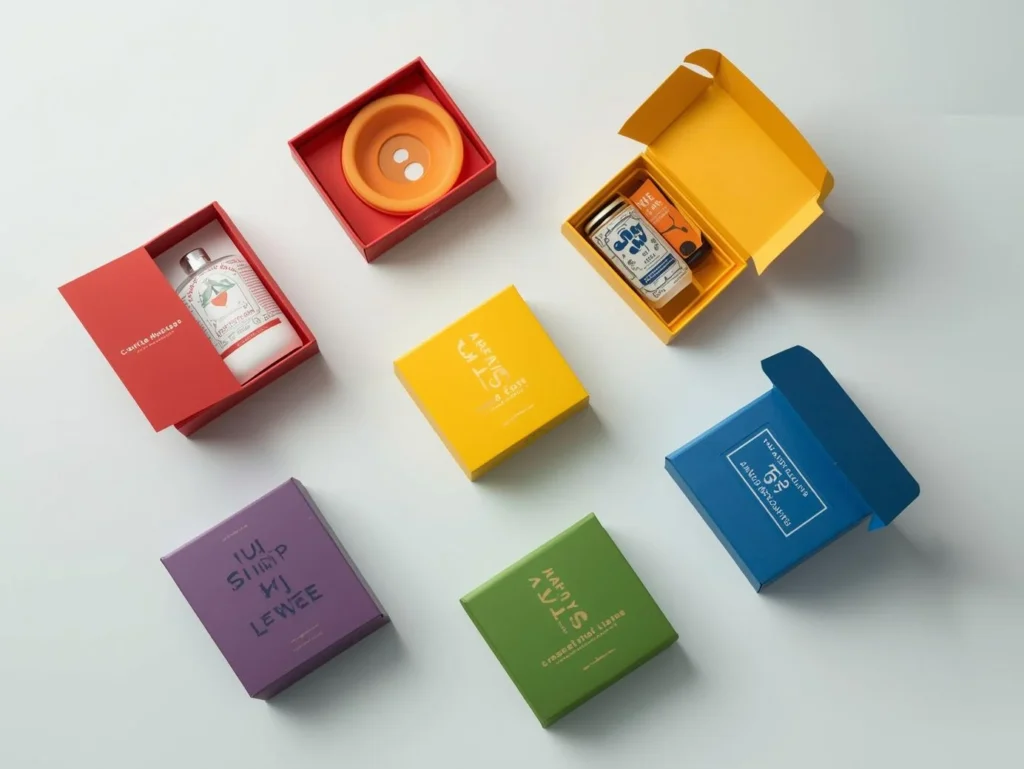 Dynamic flat lay of multiple custom tuck-end boxes in vivid primary colors (red, yellow, blue, green) and various sizes, illustrating diverse custom packaging solutions.
