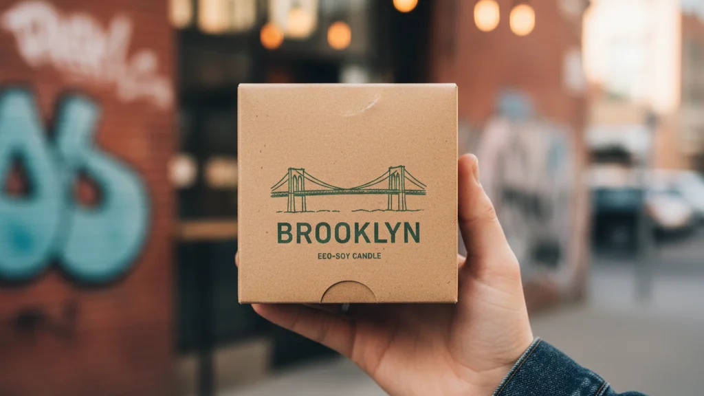 A hand holding an eco-friendly brown Kraft paper candle box against a blurred background of a trendy Brooklyn brick wall and street art, showcasing sustainable packaging.