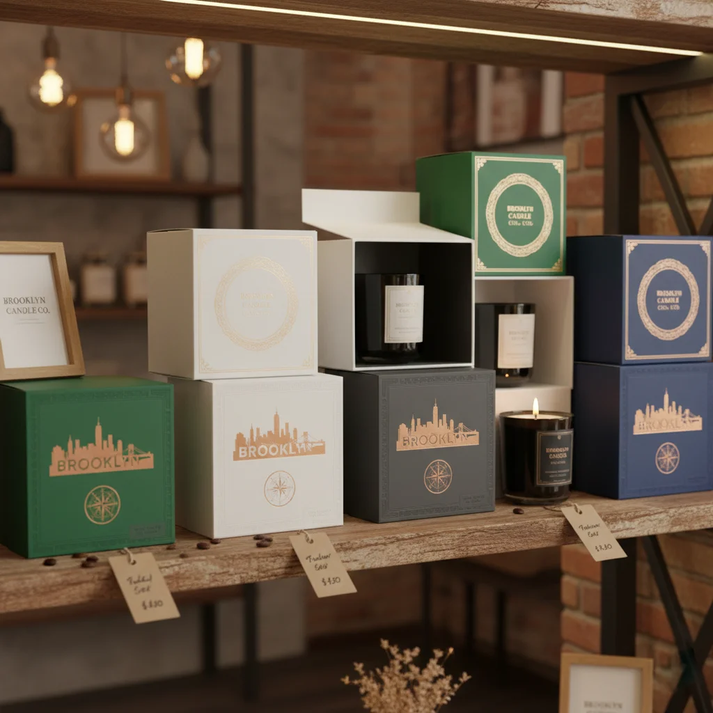 Side-by-side comparison on a retail shelf: a plain white generic candle box next to a vibrant, custom-designed, multi-colored candle box with unique branding.