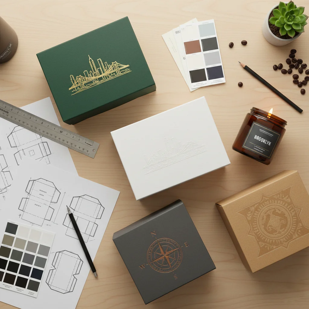 A close-up of a luxurious black candle box featuring a copper foil-stamped Brooklyn skyline silhouette with the word "BROOKLYN" integrated below the bridge.