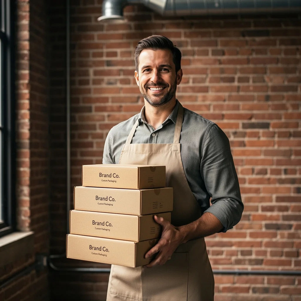 Stack of sustainable food service packaging and compostable takeout containers on a wooden cafe table.