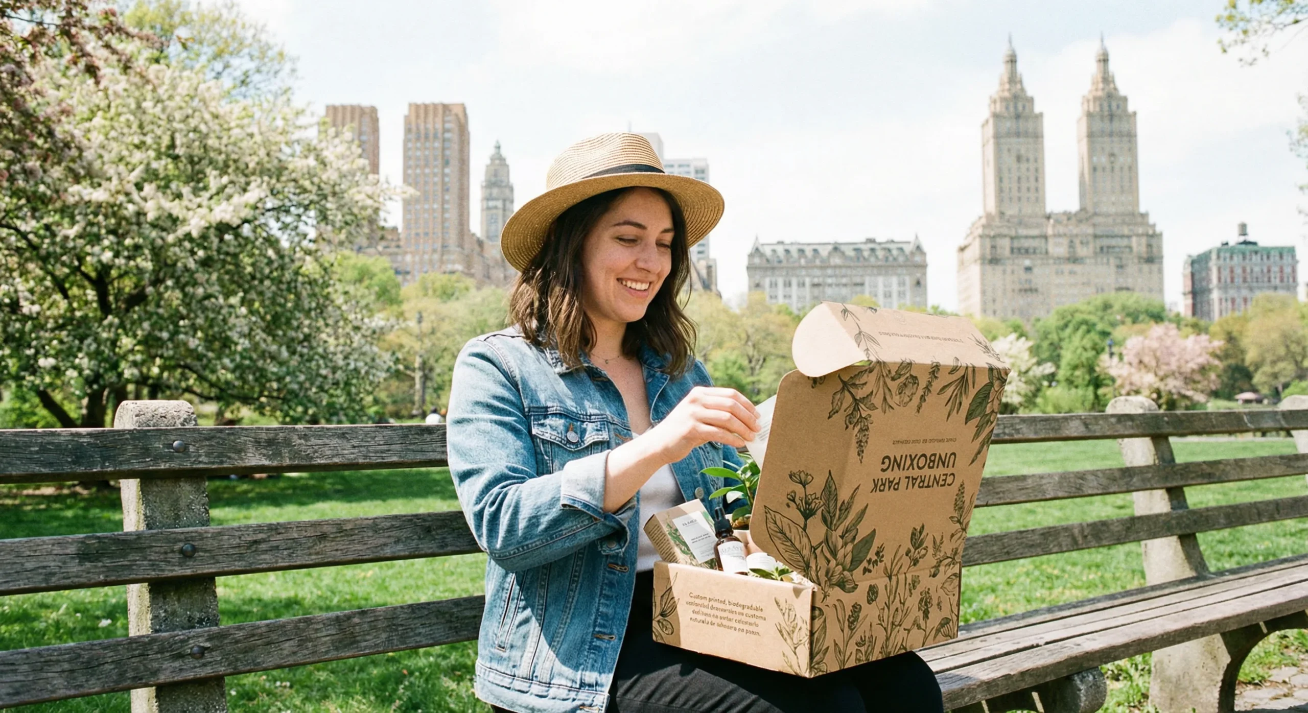 Courier delivering a package using Eco-friendly packaging NYC materials in front of a city brownstone.
