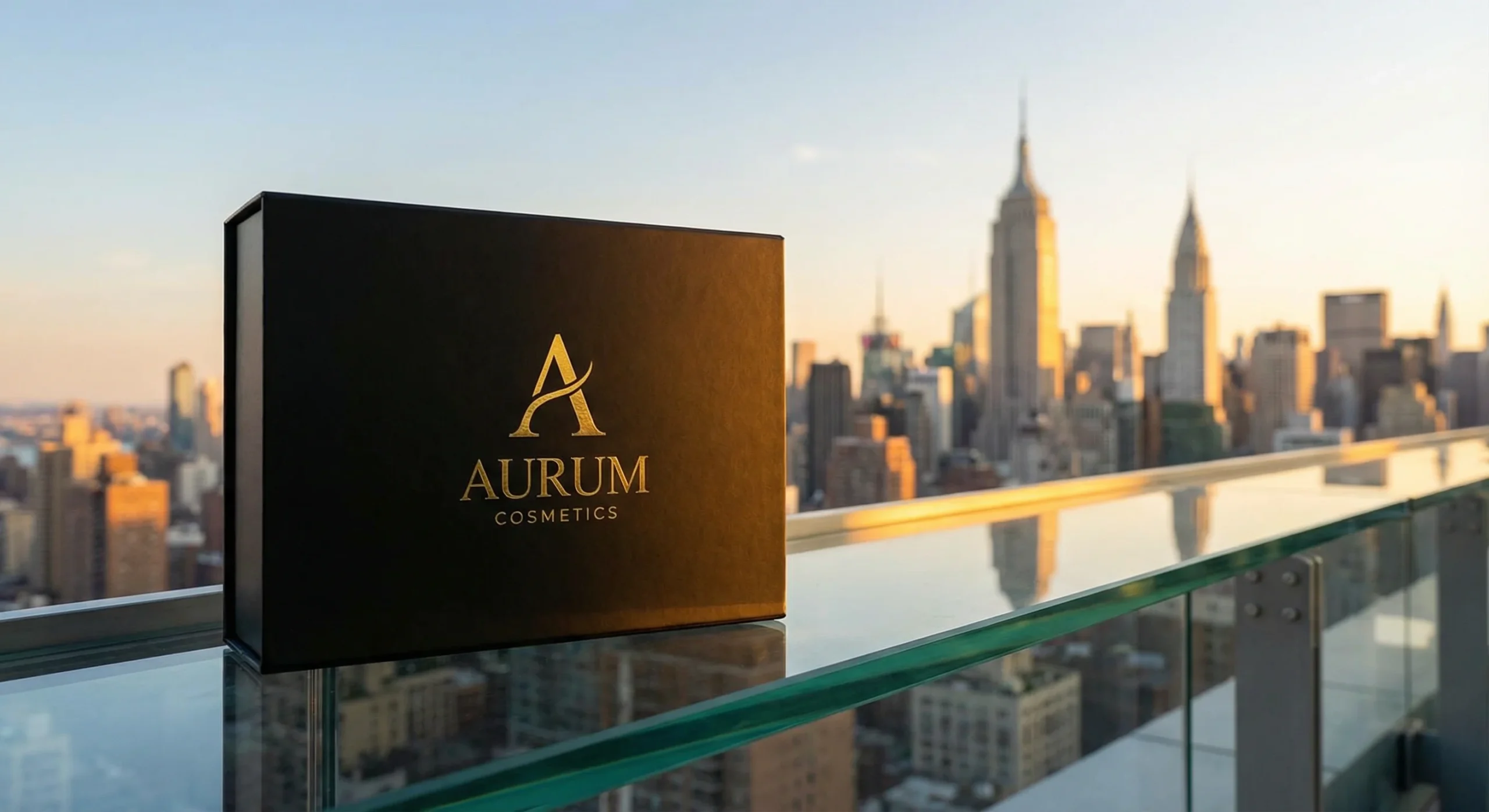 Premium rigid packaging displayed against a city backdrop representing luxury cosmetic boxes Manhattan style.