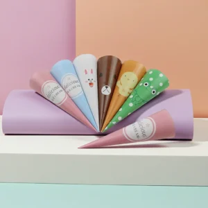 A collection displaying three different custom cone sleeves: one for sugar, one for waffle, and one made from eco-friendly Kraft paper.