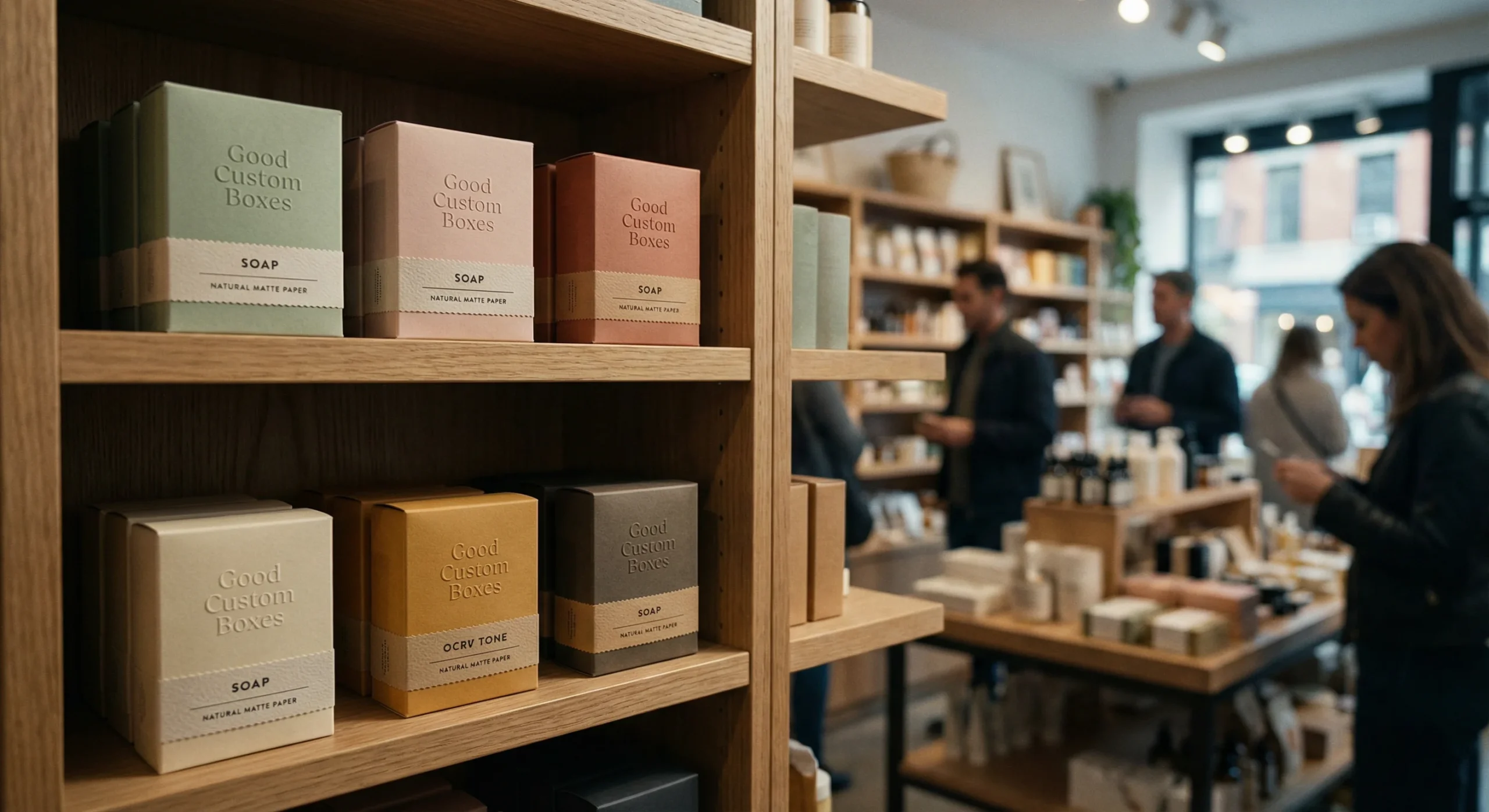 Stack of kraft sustainable soap boxes Manhattan artisans use with a city skyline background