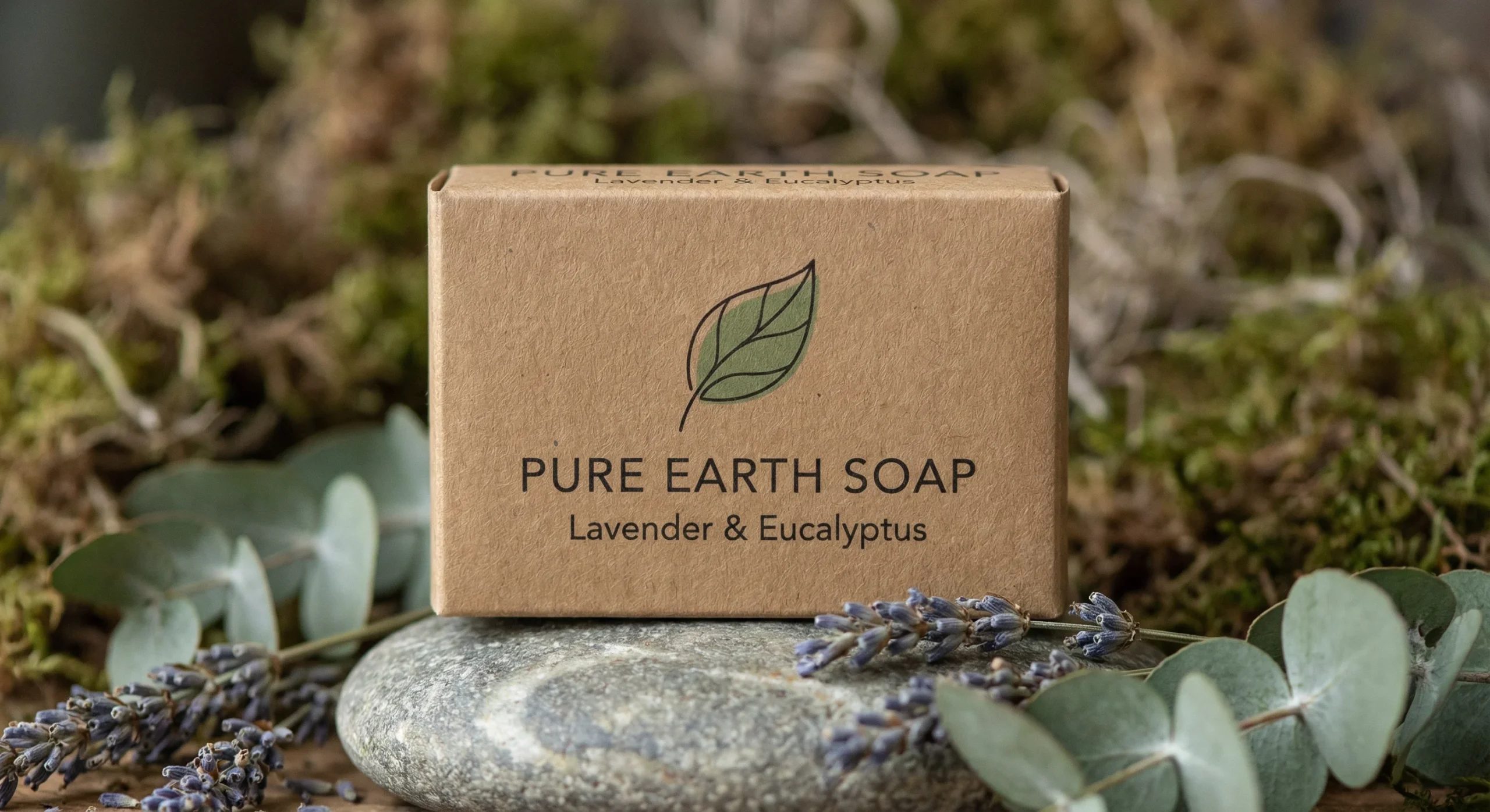 Minimalist eco-friendly soap packaging boxes made from brown Kraft paper with botanical ingredients.