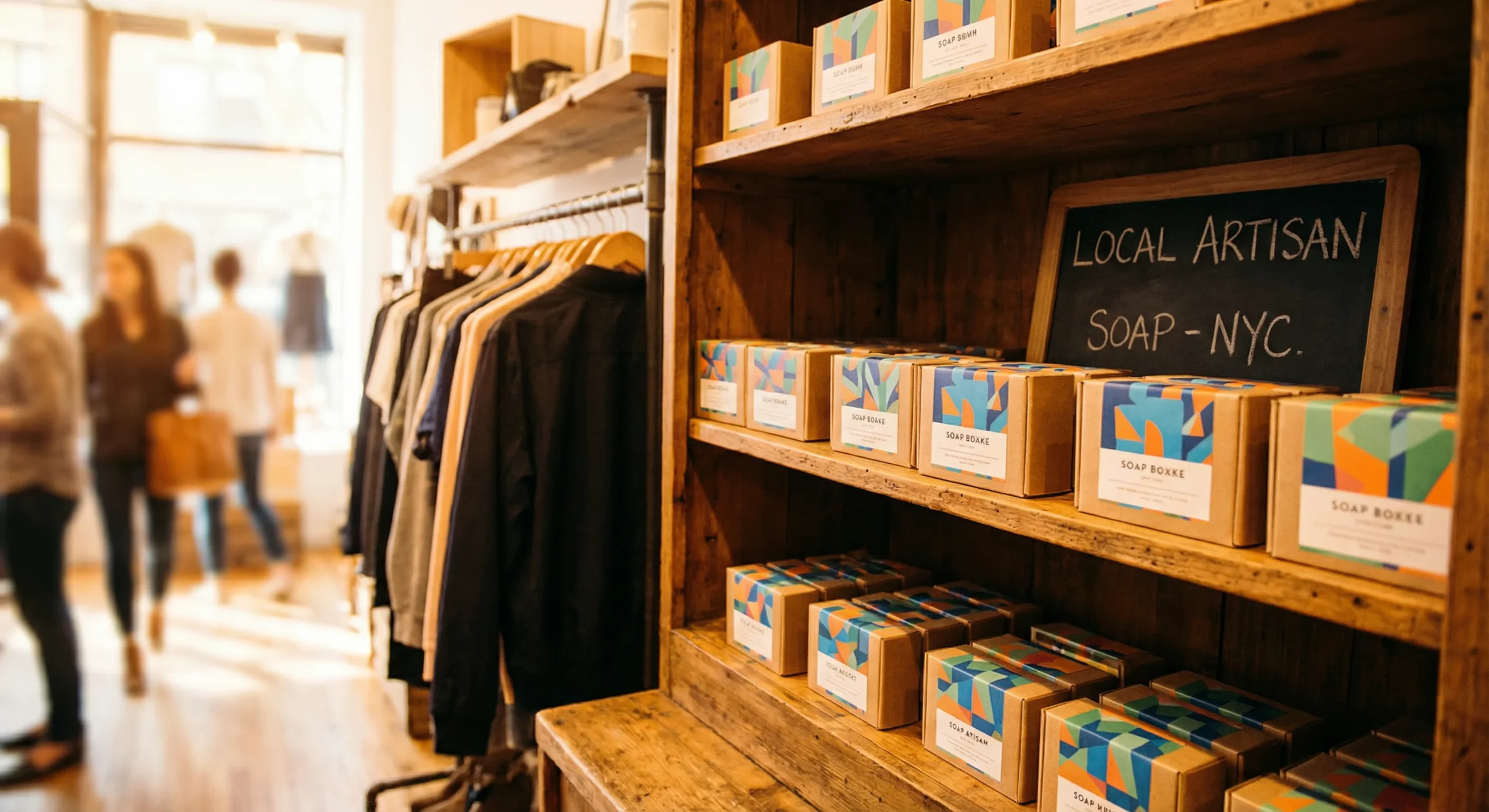 Three custom soap boxes NYC stacked on a table featuring watercolor illustrations of New York landmarks.