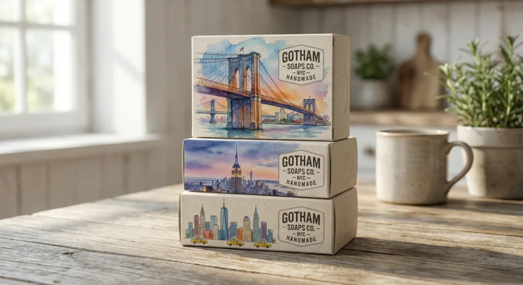 Black luxury soap packaging NYC featuring gold foil stamping and embossed textures.