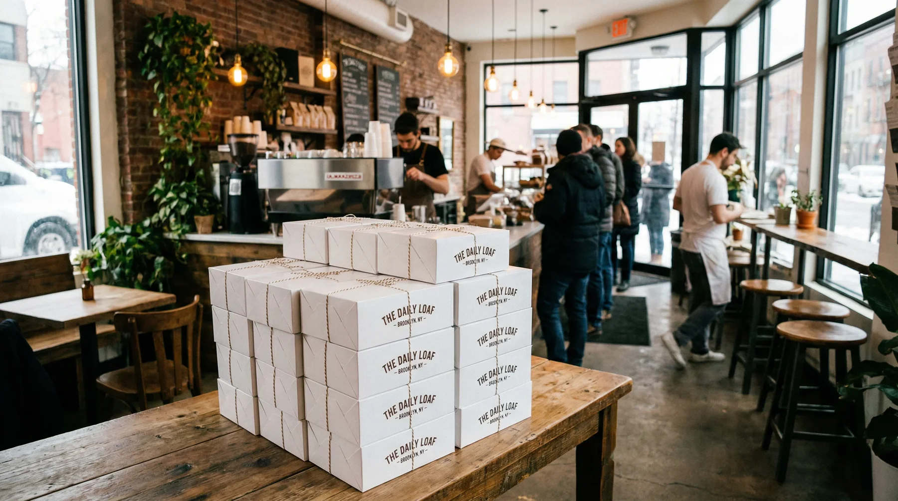 custom bakery boxes New York filled with fresh bagels on a cafe table