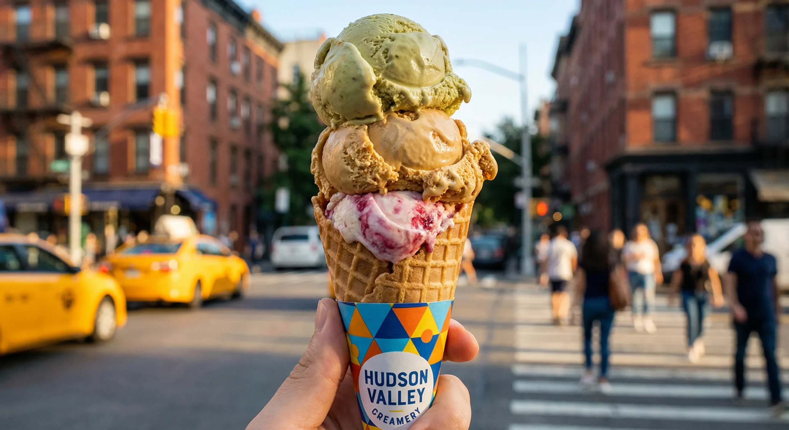 Vibrant custom printed cone sleeves wrapping a waffle cone held by a customer in New York.