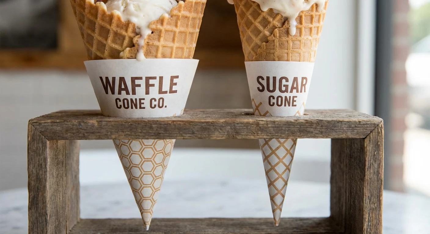 Side-by-side comparison of wide custom waffle cone sleeves versus narrow custom sugar cone sleeves to show proper fit.