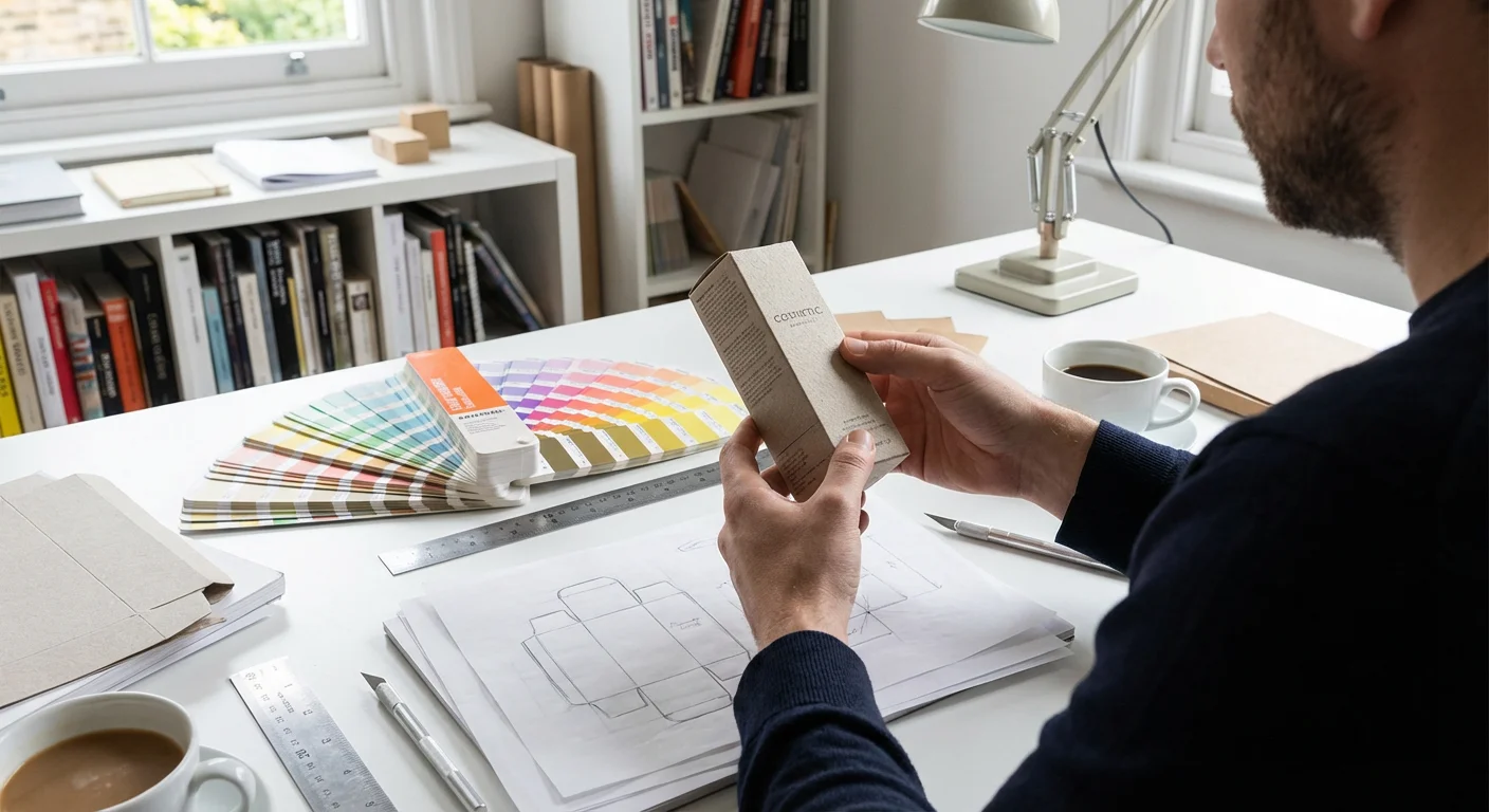 Packaging designer inspecting a kraft paper prototype of custom cosmetic boxes with color swatches and sketches on the desk.