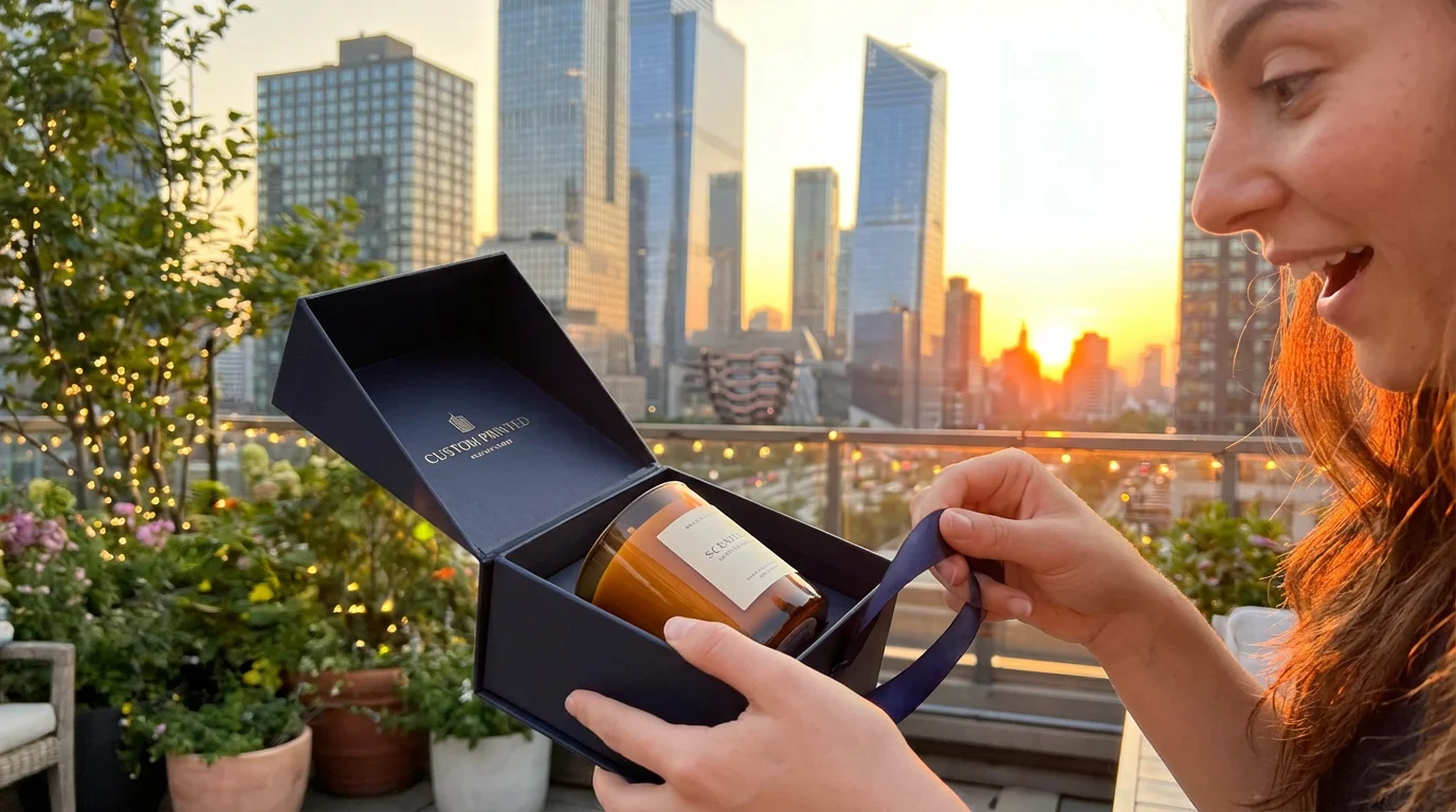 A woman happily opening a navy blue custom printed rigid box containing a luxury scented candle against a city sunset background.