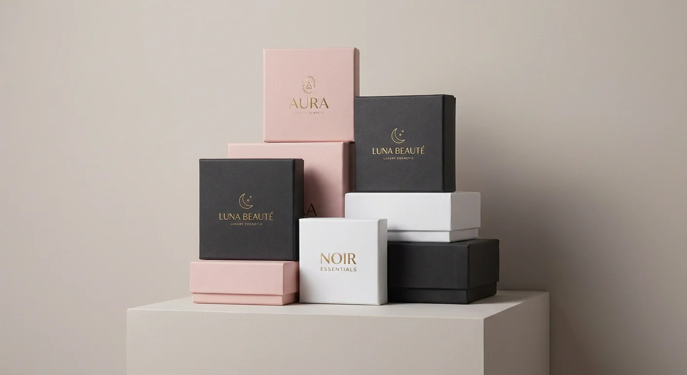 A stack of premium black, white, and pink custom cosmetic boxes featuring gold foil stamped logos and rigid structure.