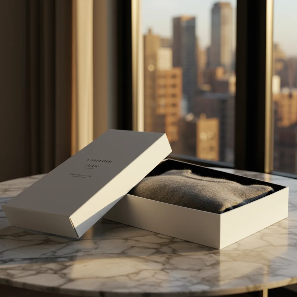 A high-end minimalist white custom printed rigid box containing a folded grey cashmere sweater on a marble table.