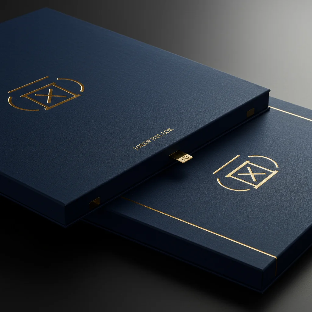 A close-up of textured navy blue custom printed rigid boxes featuring intricate gold foil embossed patterns and a pull-tab.