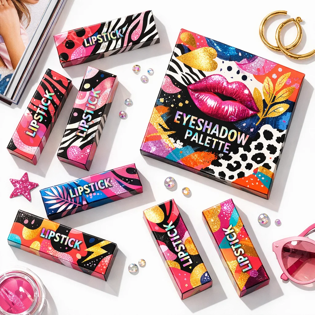 Flat lay photography showing vibrant, patterned custom cosmetic boxes for lipsticks and eyeshadow palettes.