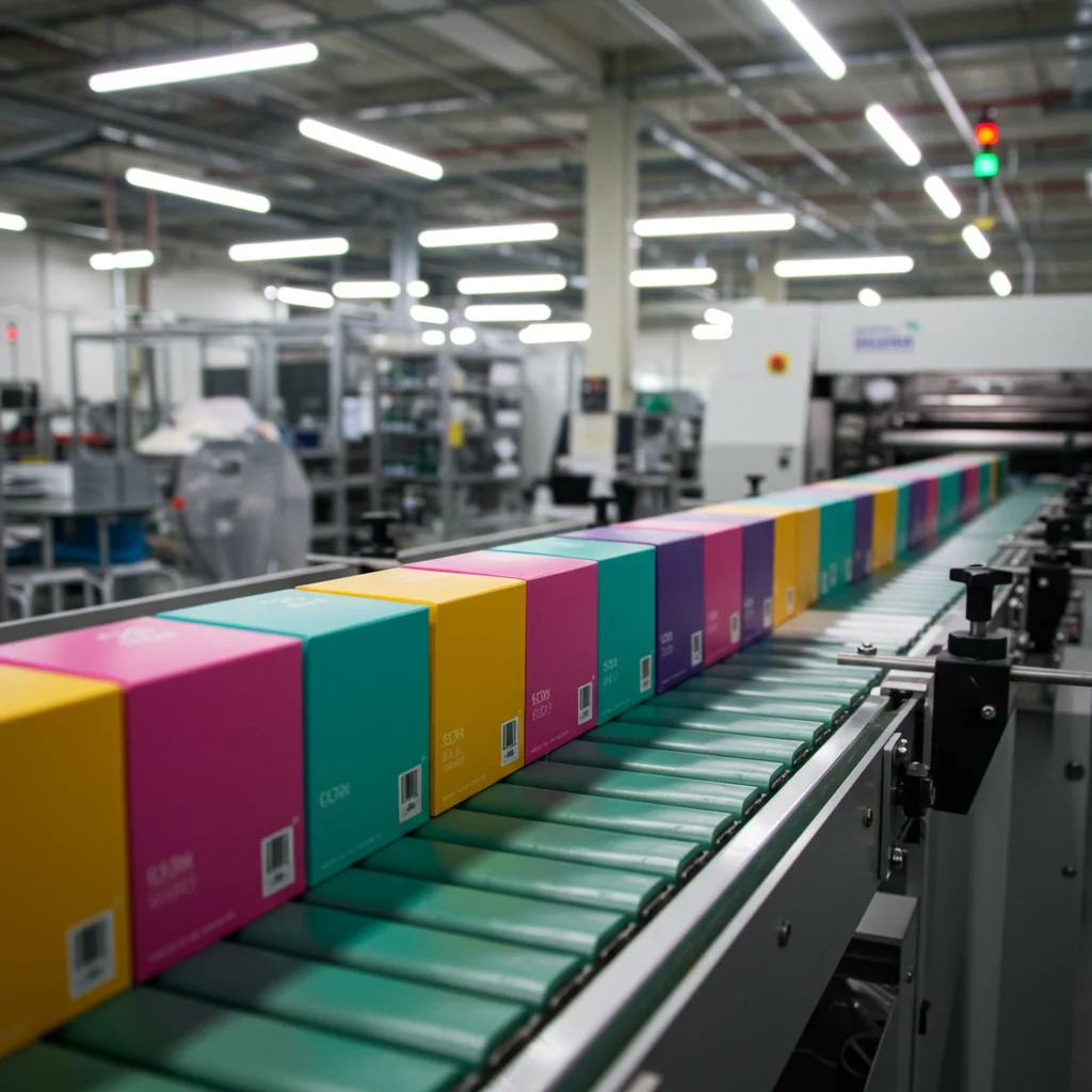 High-speed production line manufacturing colorful custom cosmetic boxes for wholesale orders in a modern facility.
