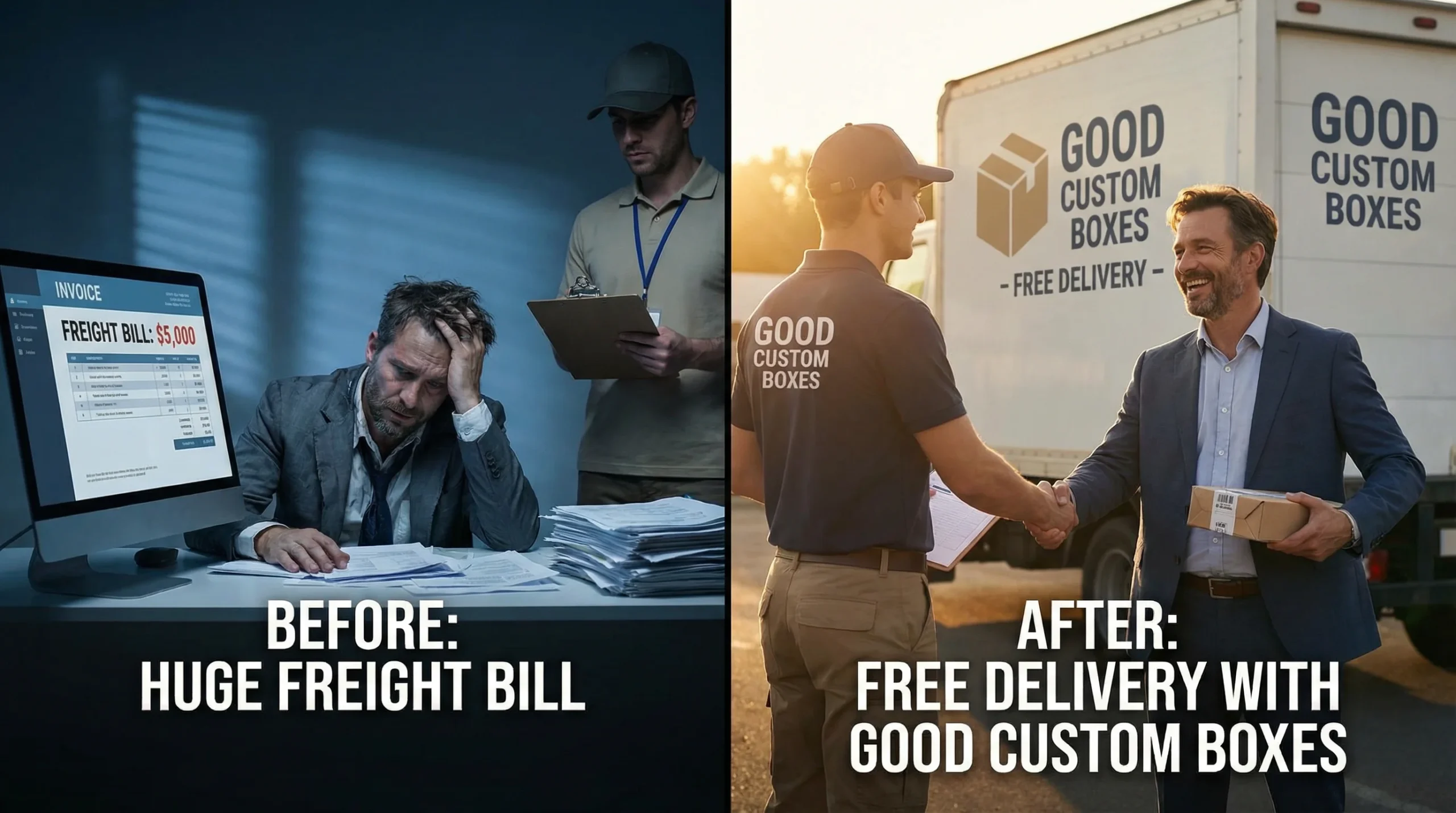 Business owner stressed paying freight vs happy after switching to Good Custom Boxes custom packaging with free shipping