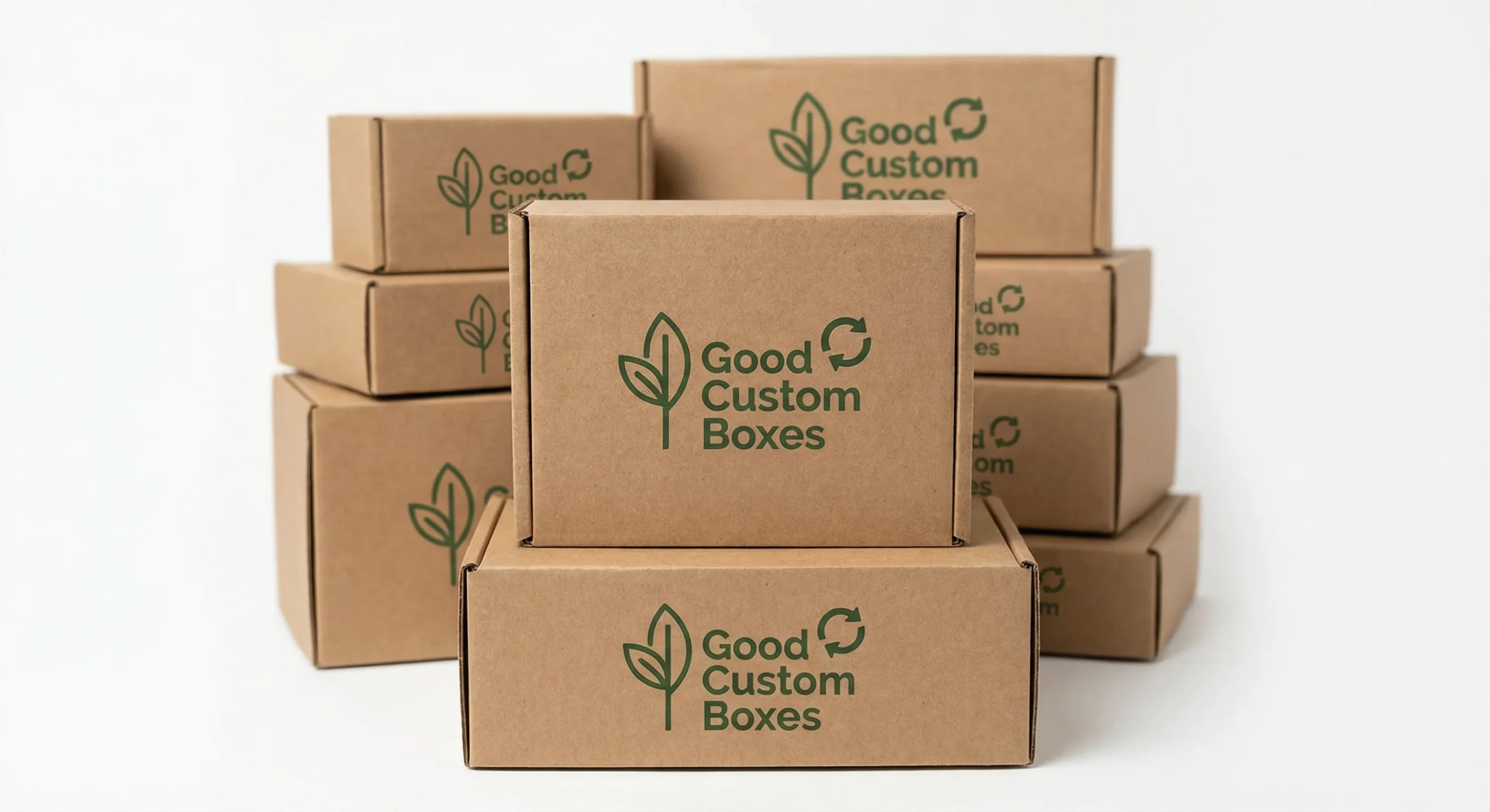 A large stack of brown kraft mailer boxes printed with the Good Custom Boxes logo, representing durable eco friendly custom packaging.