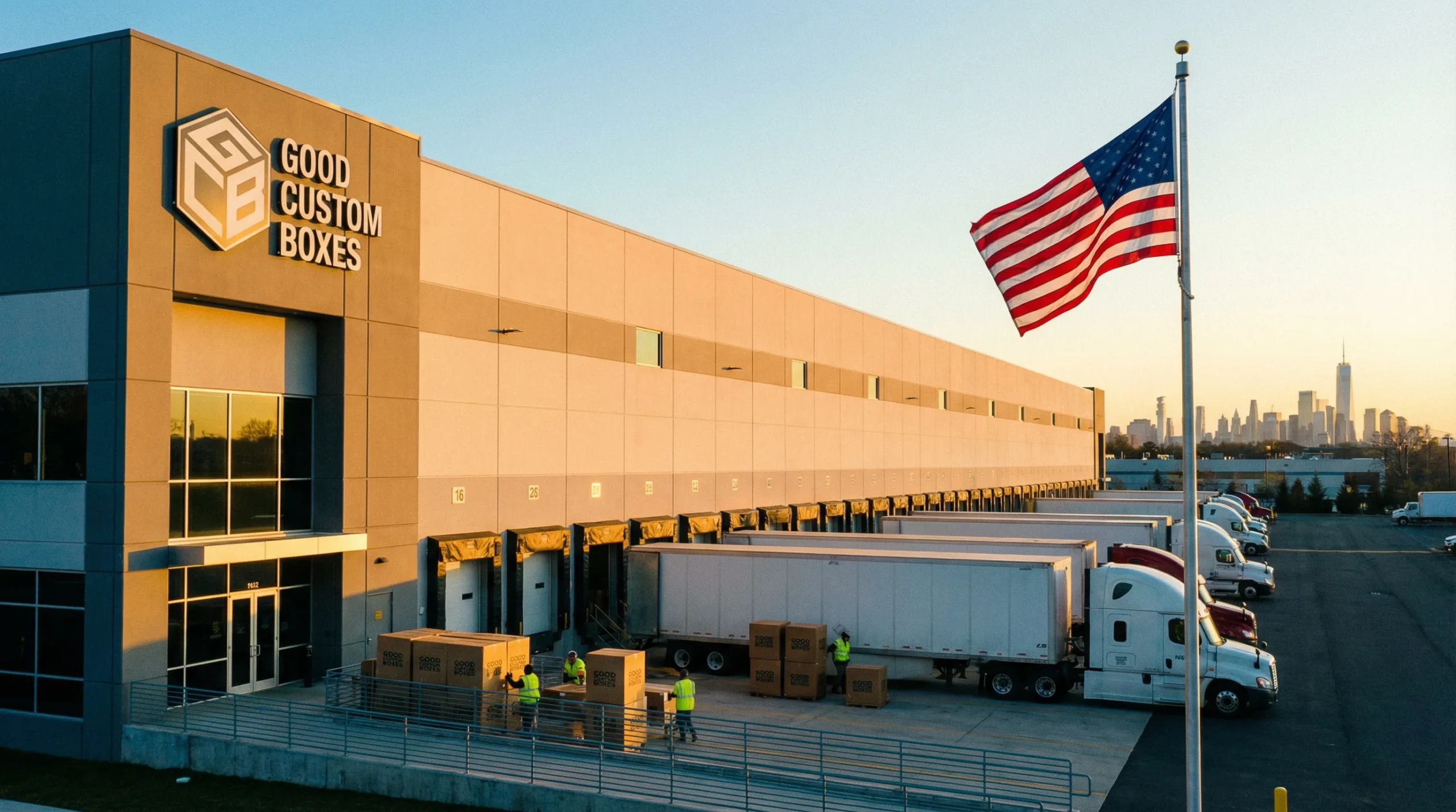 Good Custom Boxes modern custom packaging warehouse in New Jersey at sunrise with free shipping trucks