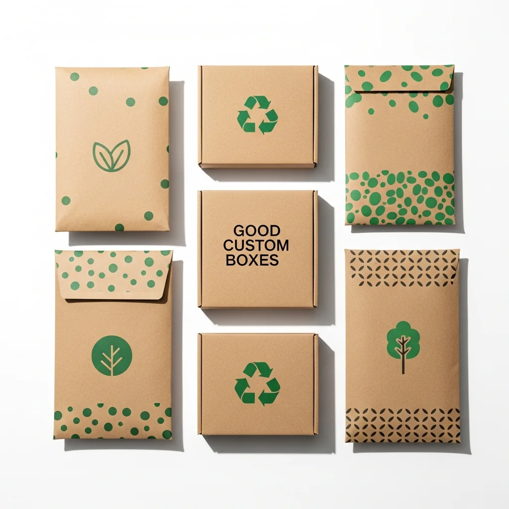 Overhead flat lay of eco friendly custom packaging envelopes and mailer boxes featuring green sustainable leaf patterns and Good Custom Boxes logo.
