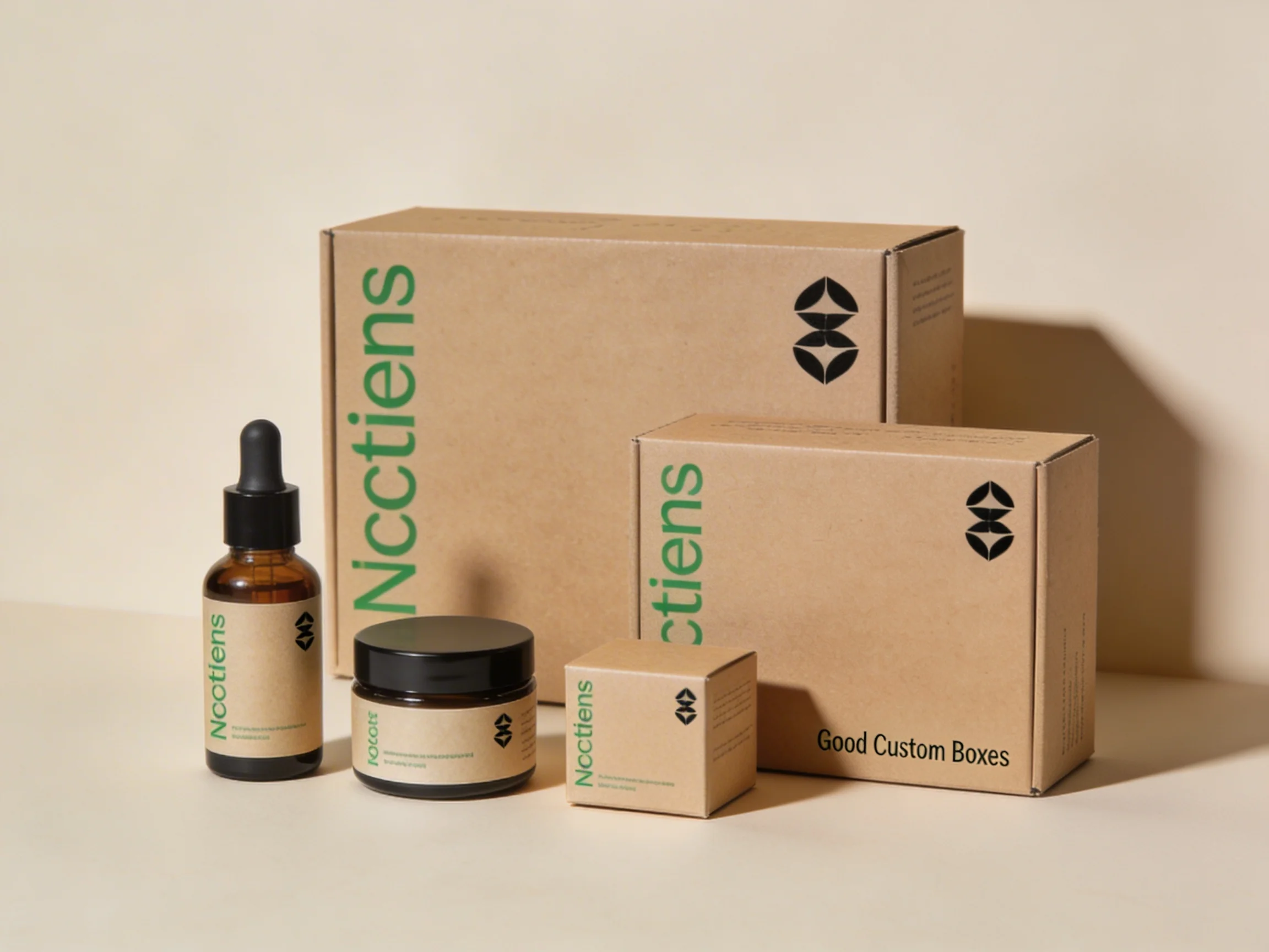 High-end eco friendly custom packaging for skincare bottles and jars, displayed next to a branded Good Custom Boxes shipping carton.