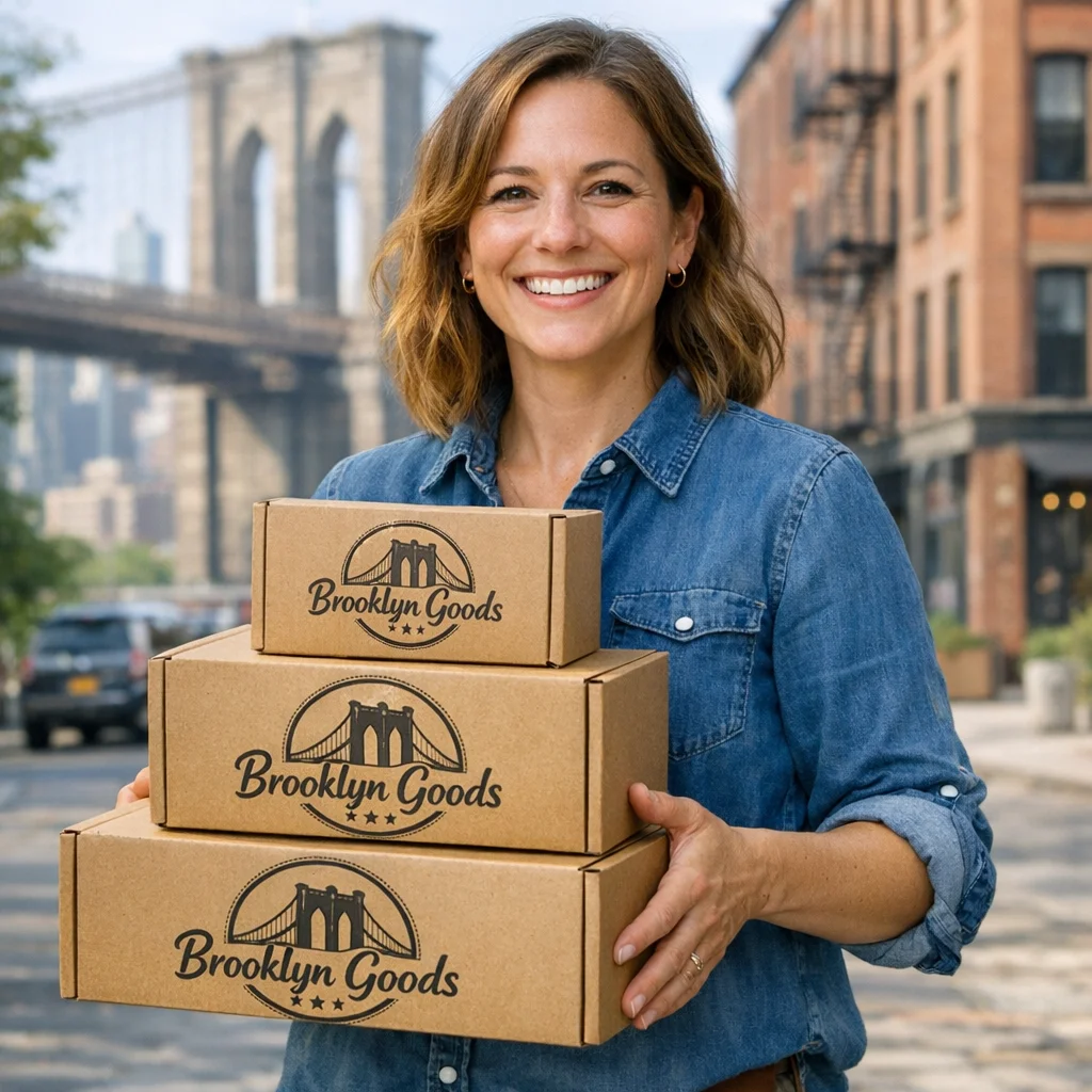 Happy Brooklyn small business owner holding branded eco-friendly custom packaging from Good Custom Boxes New Jersey