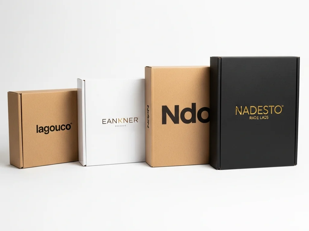 A variety of custom boxes with logos in kraft, white, and premium black finishes.