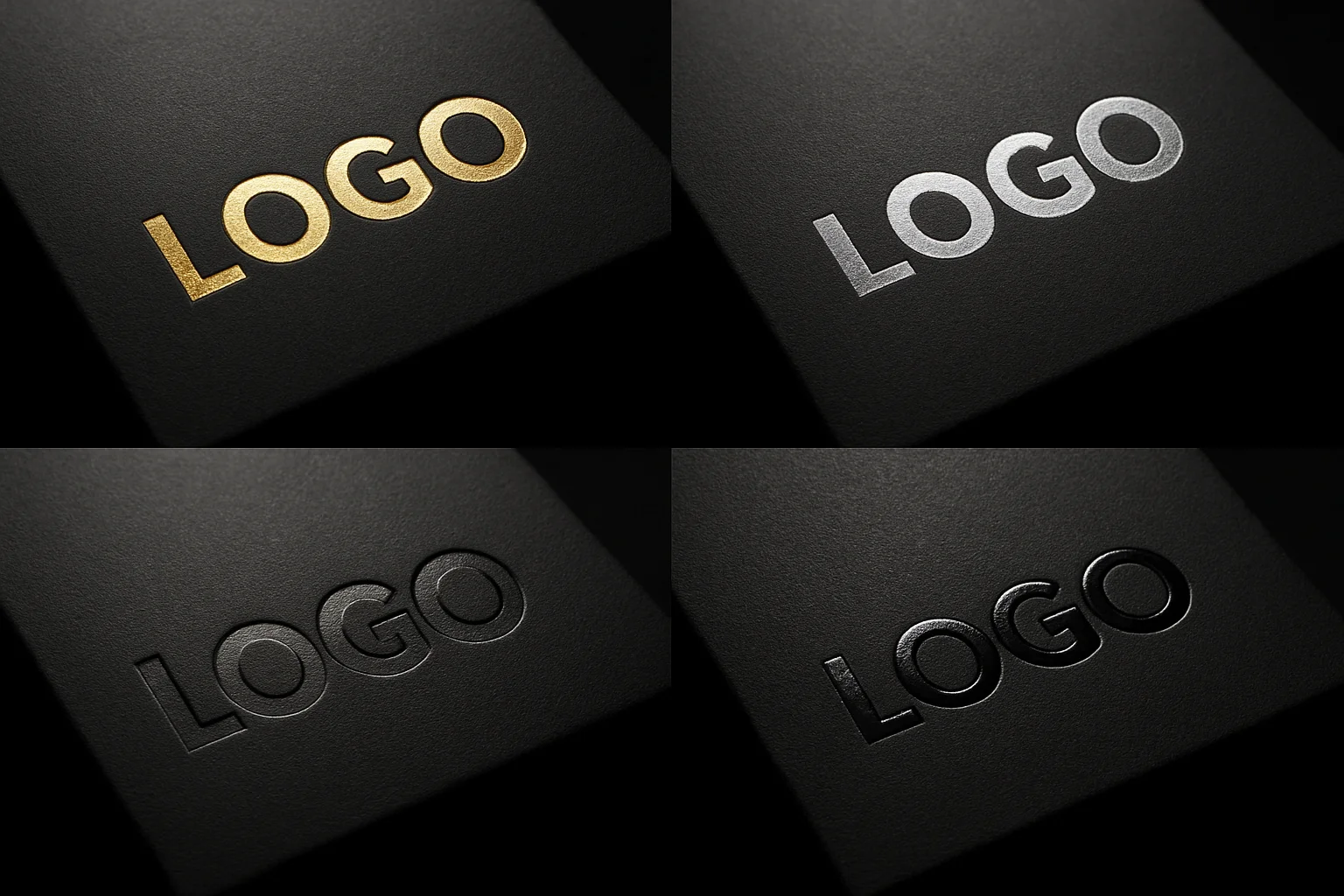 Macro close-up of four logo finishing styles: Gold foil, Silver foil, Embossed, and Spot UV.