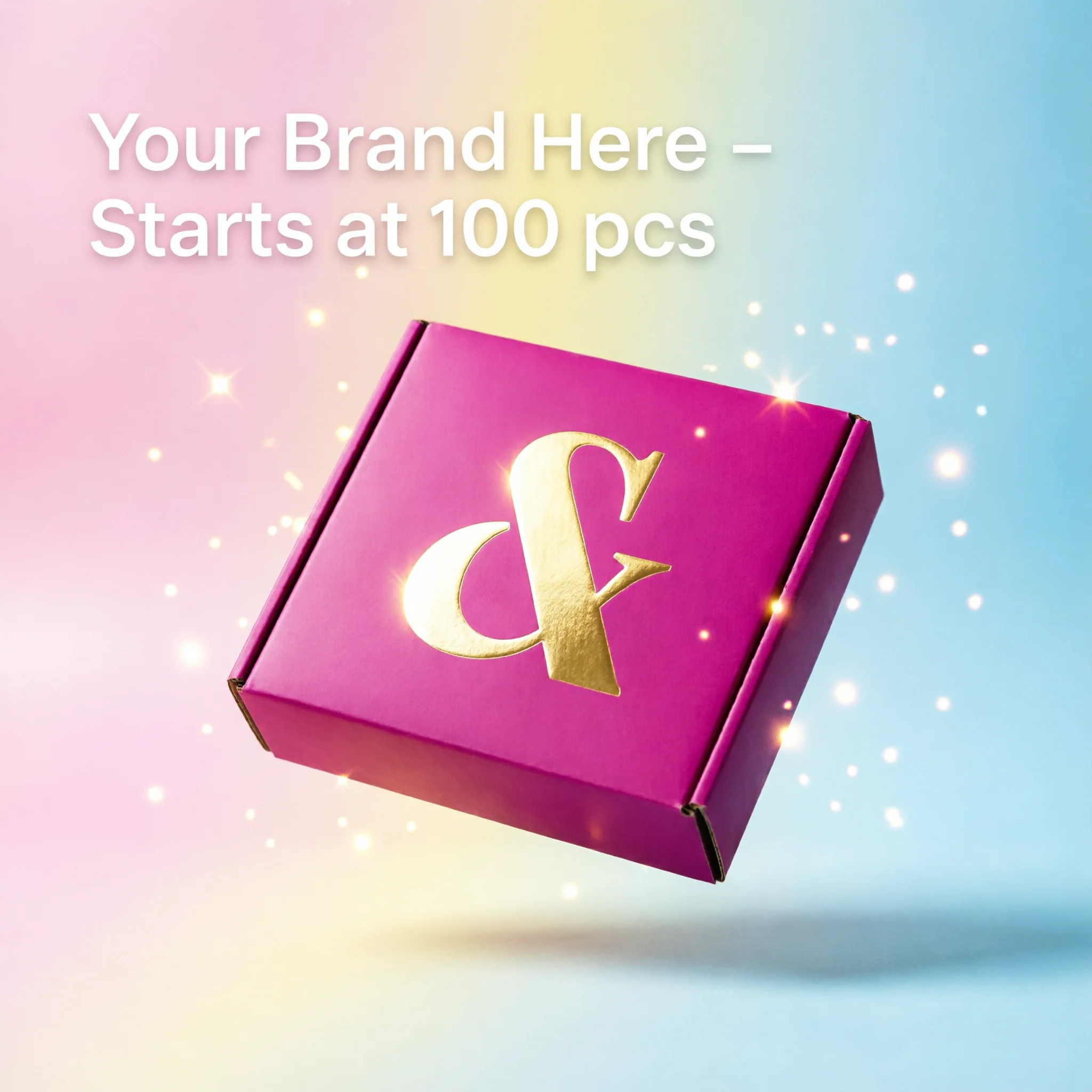 A vibrant pink custom box with a gold foil logo floating against a pastel background.