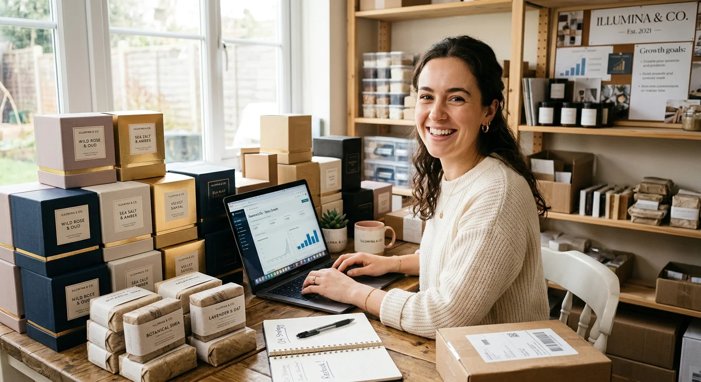 Entrepreneur scaling handmade candle business using custom candle packaging and custom soap packaging for professional branding