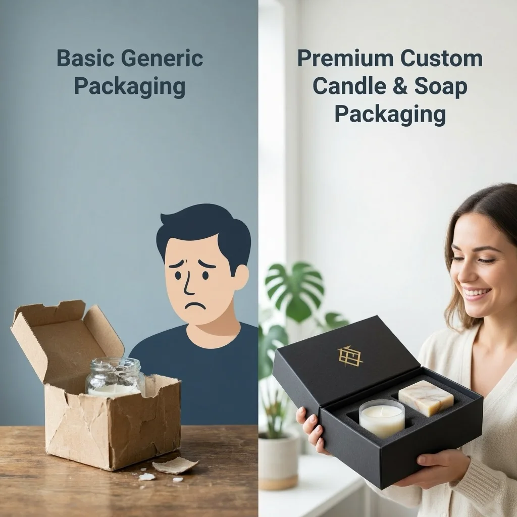 Custom Candle Packaging & Custom Soap Packaging: The #1 Upgrade Every Business Needs 3 Comparison of basic generic packaging and premium custom candle packaging and custom soap packaging