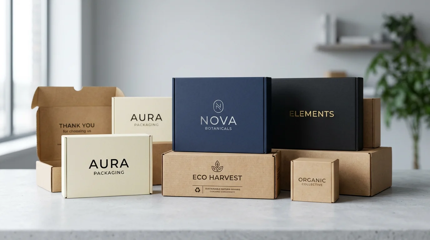 A group of custom boxes made from various materials including eco-friendly kraft, premium blue cardstock, and matte black paper.