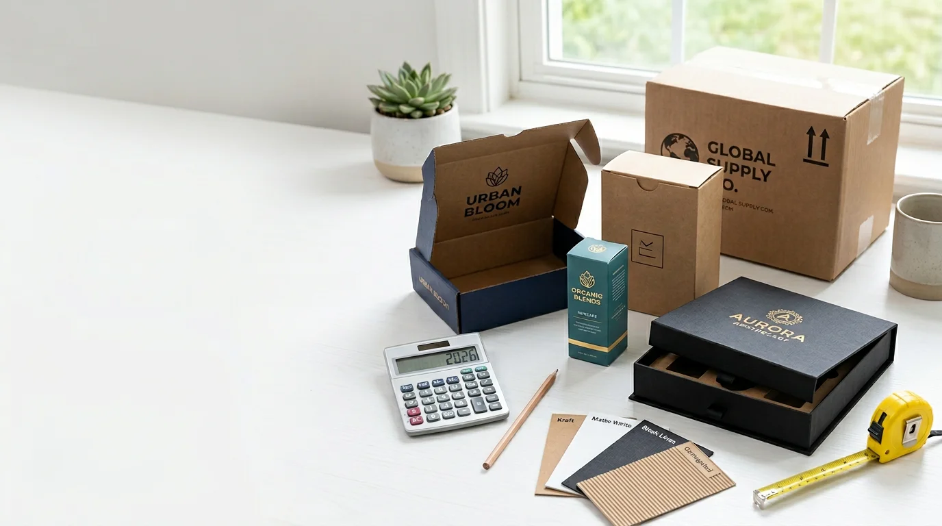 A desk featuring various custom boxes, a calculator showing 2026 figures, and material swatches for packaging cost estimation.