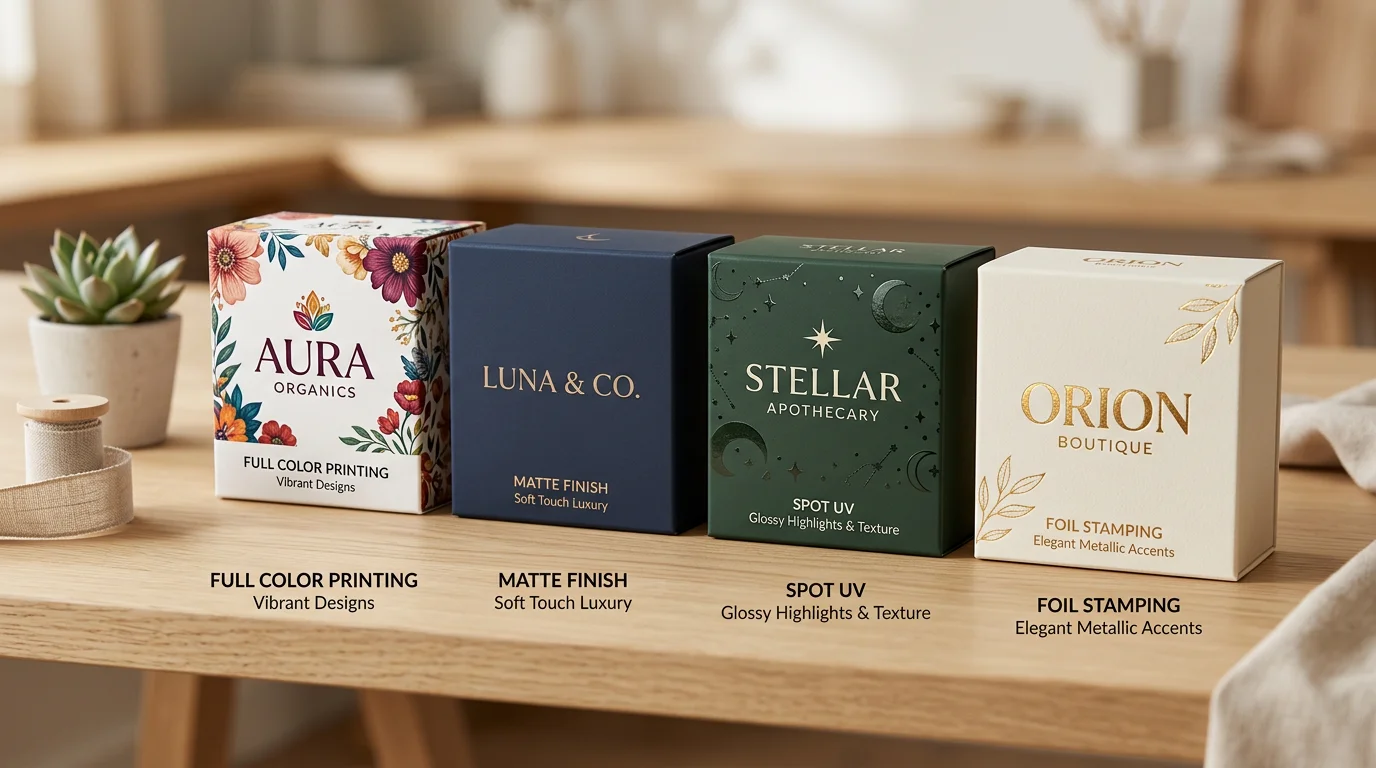 Four product boxes showcasing different printing techniques: full color, matte finish, spot UV, and gold foil stamping.