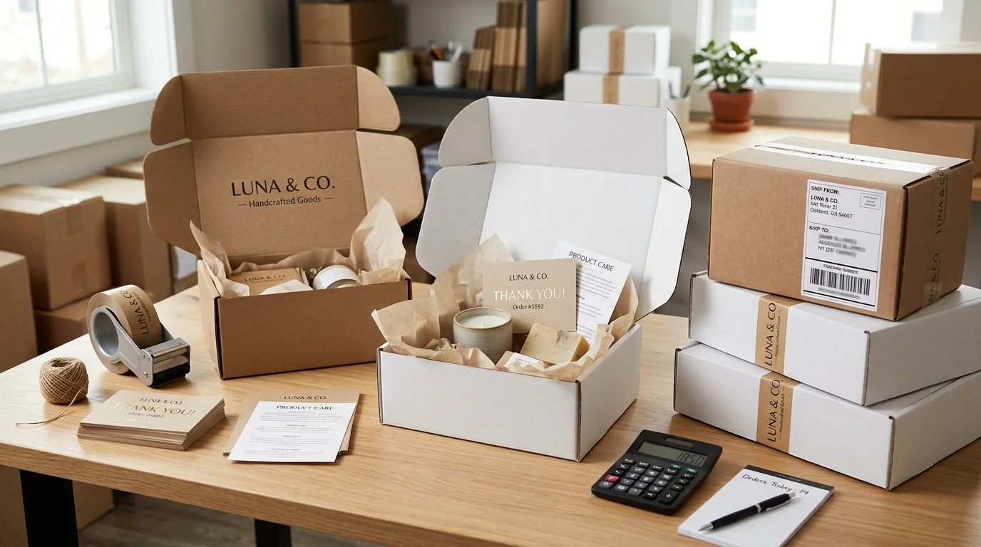 An e-commerce fulfillment desk with branded custom boxes, mailers, and shipping supplies for small businesses.