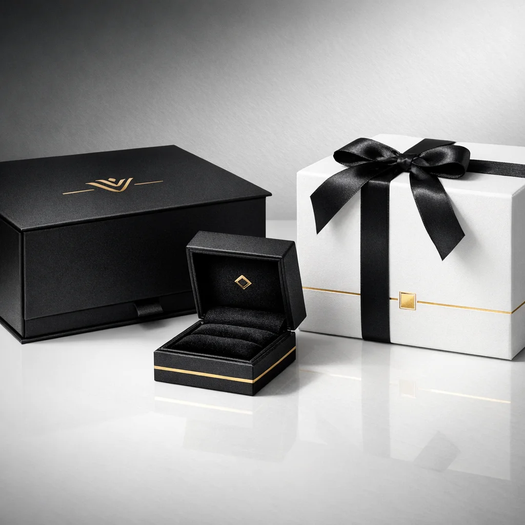 High-end luxury rigid custom boxes in matte black and white with gold foil branding and silk ribbon accents.